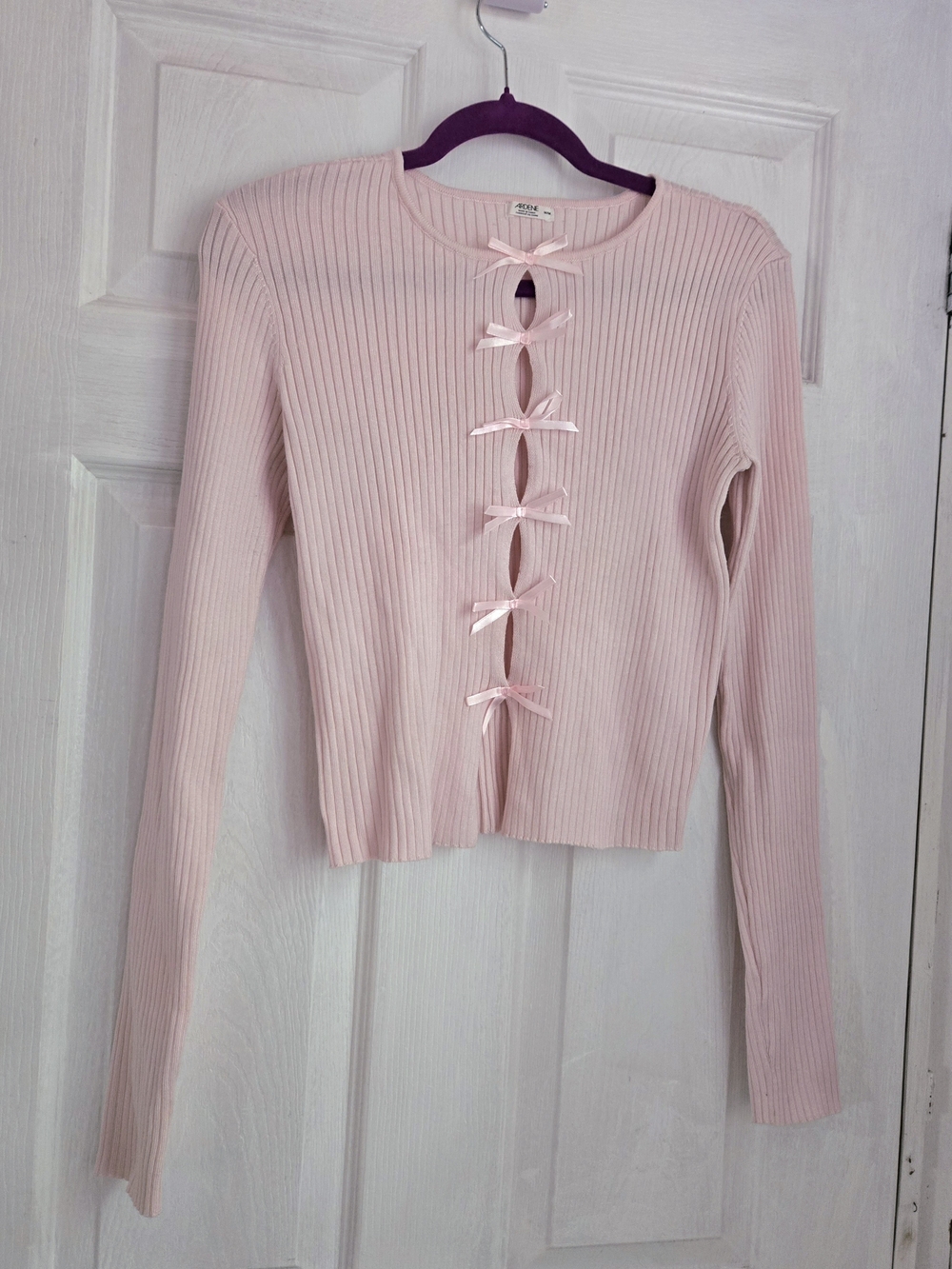 Ardene Pink Ribbed Satin Ribbon Bow Tie Front Cutout Cardigan Top Size M